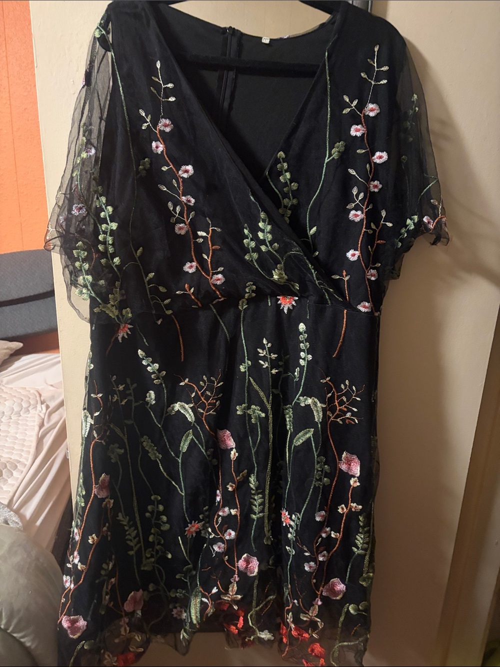 Black Floral Embroidered V-Neck Women’s Dress